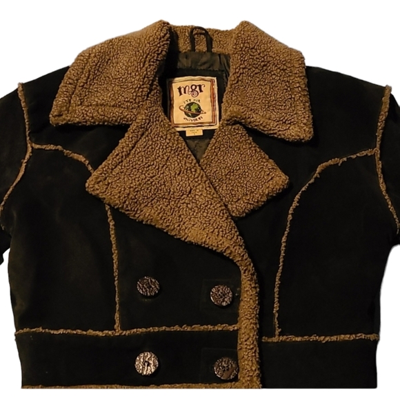 Vintage Mgr Black Leather Crop Bomber Winter Jacket 90s Suede Its Our Universe S - Picture 1 of 11